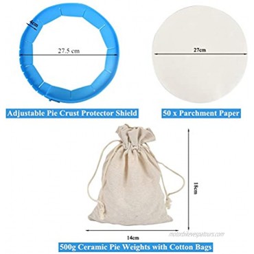 TIMESETL 10mm Ceramic Pie Weights with Cotton Bags 1.1 LB Reusable Baking Beans Pie Crust Weights | Adjustable Pie Crust Protector Shield | 50 Sheets Parchment Paper | Great for Baking Cooking