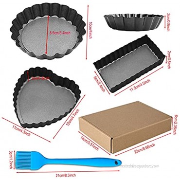 15 Pcs Mini Tart Pan Smilerain 4 Inch Pie Pan Removable Bottom Round Heart Rectangle Nonstick Rugged Carbon Steel Quiche Pan for Baking Pies Cheese Cakes and Desserts with Silicone Brush