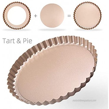 Tart Quiche Baking Pan Flan Tin Mold Nonstick Tart Pie Mold for Baking Round Pie Pan with Removable Bottom and Fluted Sides Quiche Bakeware Ideal Gift for Baking Lover and Family Champagne Gold 8 inch