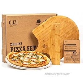 Cuzi Gourmet XL 3-Piece Pizza Stone Set 15” Thermal Shock Resistant Cordierite Pizza Baking Stone 22” Natural Bamboo Pizza Peel & Pizza Cutter Rocker Large Pizza Stone for Grill and Oven