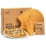 Cuzi Gourmet XL 3-Piece Pizza Stone Set 15” Thermal Shock Resistant Cordierite Pizza Baking Stone 22” Natural Bamboo Pizza Peel & Pizza Cutter Rocker Large Pizza Stone for Grill and Oven