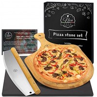 NeoCasa Black Cordierite Ceramic Coated Pizza Stone Pan Set with Bamboo Pizza Peel & Pizza Cutter Baking Stones for Oven Grill & BBQ Stainless & Nonstick Pizza Stone For Oven Rectangular