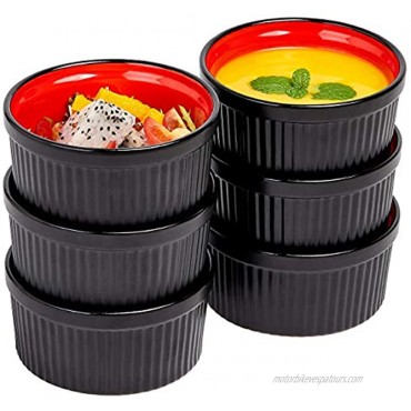 Bruntmor Ceramic Ramekins Souffle Dishes Ramekins 8oz. for Souffle Creme Brulee and Dipping Sauces Set of 6 Baking Serving Oven Safe Matte Black w Red Colored Interior