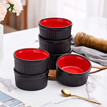 Bruntmor Ceramic Ramekins Souffle Dishes Ramekins 8oz. for Souffle Creme Brulee and Dipping Sauces Set of 6 Baking Serving Oven Safe Matte Black w Red Colored Interior