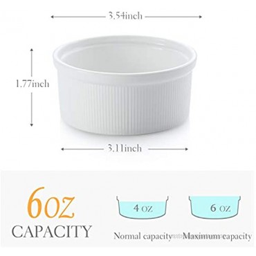 CONNYAM 6 OZ Oven Safe Ramekin Bowls Porcelain Creme Brulee Souffle Custard Cups Dishwasher Safe and Microwave Safe Set of 6 White