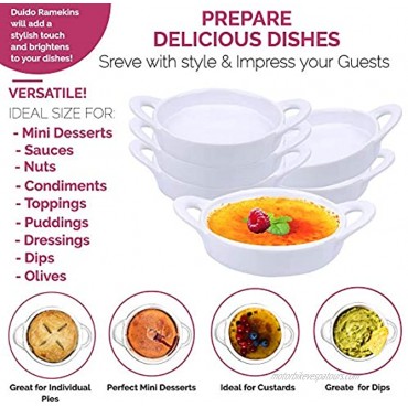 Souffle Dish Ramekins for Baking – 5 Ounce Set of 6 White with 6 Extra Spoons 5 Oz Half Cup Ceramic Oven Safe Round Ramekin Bowls for Desserts Puddings Souffle Condiments Sauces Dips Dressings Desserts Puddings Custards Cups