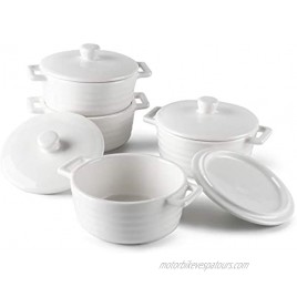 Sweese 510.401 Porcelain Ramekins 7 Ounce Round Mini Casserole Dish with Lid Set of 4 White
