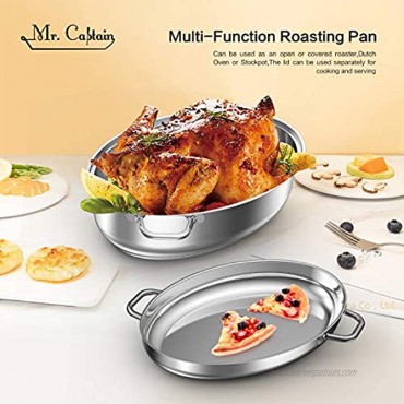 Mr Captain Roasting Pan with Rack and Lid 12 Quart,18 10 Stainless Steel Multi-Use Oval Turkey Roaster Induction Compatible Dishwasher Oven Safe Roaster,17 Inch