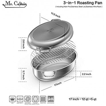 Mr Captain Roasting Pan with Rack and Lid 12 Quart,18 10 Stainless Steel Multi-Use Oval Turkey Roaster Induction Compatible Dishwasher Oven Safe Roaster,17 Inch