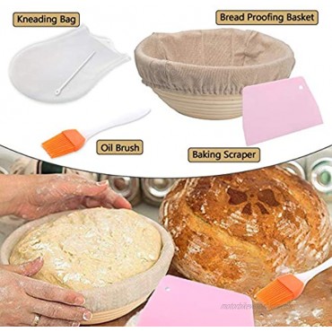 9 Inch Bread Proofing Basket with Cloth Liner Silicone Kneading Dough Bag Basting Brush and Dough Scraper Included Good for Professional & Home Bakers