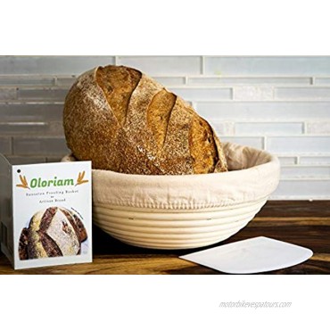 Banneton Bread Proofing Basket 9 inch & Dough Scraper by Oloriam Round 100% Rattan. Baking bowl for Sourdough with liner for Artisan Baking professional & Home Bakers