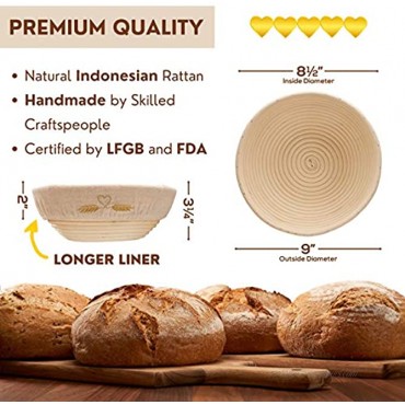 Banneton Bread Proofing Basket Round 9 inch Set of 2 with 2 Linen Liners and 3 Linen Bread Bags Dough Proofing Bowl for Artisan Sourdough Bread Making Bread Baking Tools Kit Best Gifts for Bread Bakers