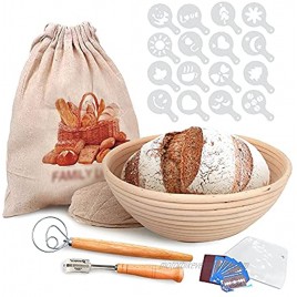 Best Pattern For Bread. 9 Inch Bread Banneton Proofing Kit With Rattan Basket Linen Lame Scraper Wiskle Stencils Scrolling Lame Bowl Scraper & Linen Bags. Best Gift For Bakers & Bread Lovers