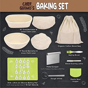 Chef Gizmo Banneton Bread Proofing Basket Set For Baking Sourdough Proofer set of 2 Brotform Proofing Bowls in Cane 9 inch Round 10 Oval Bread Making Kit -with Bread lame Dough scraper and tools