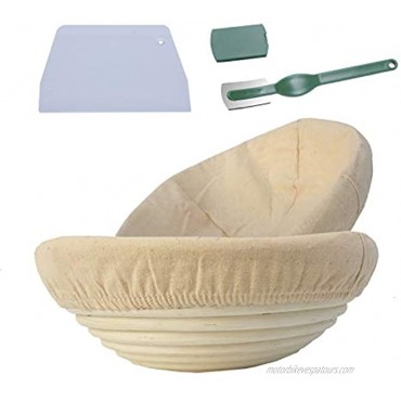 CORECISE Bread Proofing Basket 2 Pack 10 Inch Bread Banneton Basket + Bread Lame +Plastic Dough Scraper+ Linen Liner Cloth，For Professional & Home Bakers Round