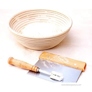 DOYOLLA 8.5 inch Bread Dough Proofing Rising Rattan Basket & Cloth Liner Round Shaped+ Bread Lame + Dough Scraper for Professional & Home Sourdough Bakers