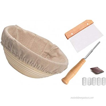 DOYOLLA 8.5 inch Bread Dough Proofing Rising Rattan Basket & Cloth Liner Round Shaped+ Bread Lame + Dough Scraper for Professional & Home Sourdough Bakers