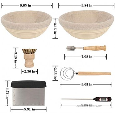 Duboché Bread Proofing Basket 2Pack Round 9 & 10 Banneton Basket Bowls for Sourdough Gluten-Free and Traditional Dough Stainless Steel Scraper Basting Brush Metal Lame Thermometer for Bakers