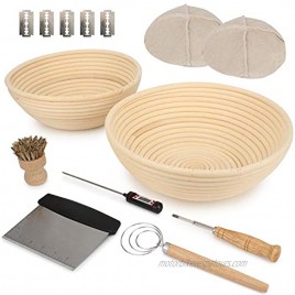 Duboché Bread Proofing Basket 2Pack Round 9 & 10 Banneton Basket Bowls for Sourdough Gluten-Free and Traditional Dough Stainless Steel Scraper Basting Brush Metal Lame Thermometer for Bakers