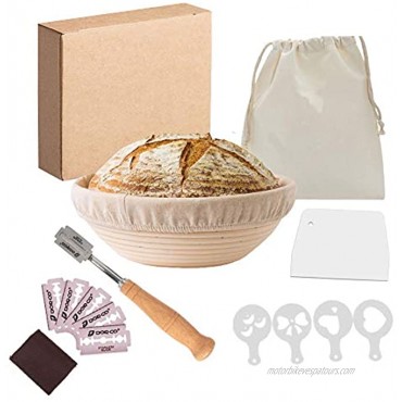 GURU 9 Inches Round Banneton Bread Proofing Basket with Wooden Bread Lame Plastic Scraper 4Pcs Stencils and Drawstring Cloth Bag for Baking Proofing Baskets Sourdough Banneton Basket for Bakers