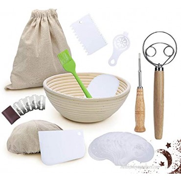 HOUSE DAY 31 Pieces Bread Proofing Basket Set 9inch Round with Dough Scraper danish dough wisk,bread mold egg whites Separator oil brush,cutting tool for Professional Home Bakers