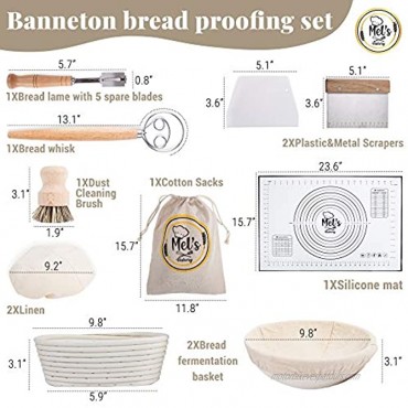 Mel's Bakery Banneton Basket and Dough Accessories Set Combo Kit for Bread Sourdough Making-2 Rattan Baskets Lame Metal and Plastic Scraper Brush Baking Mat Danish Whisk Carrying Bag Included-Bakery Prep Gift