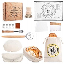 Mel's Bakery Banneton Basket and Dough Accessories Set Combo Kit for Bread Sourdough Making-2 Rattan Baskets Lame Metal and Plastic Scraper Brush Baking Mat Danish Whisk Carrying Bag Included-Bakery Prep Gift