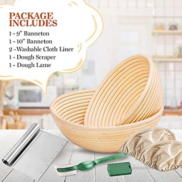 Round Banneton Proofing Basket Set of 2-10 French Style Artisan Sourdough Bread Bakery Basket -9 inch and 10 inch size bread baskets with Bread lame dough scraper and washable linen cloth.