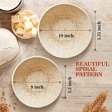 Round Banneton Proofing Basket Set of 2-10 French Style Artisan Sourdough Bread Bakery Basket -9 inch and 10 inch size bread baskets with Bread lame dough scraper and washable linen cloth.