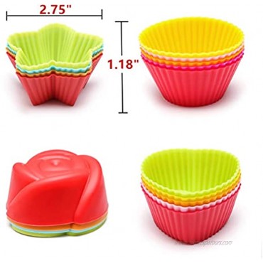 Ieasky Silicone Cupcake Liners Reusable Baking Cups Nonstick Easy Clean Pastry Muffin Molds 4 Shapes Round Stars Heart roses，with Basting Brush，41 PCS Colorful