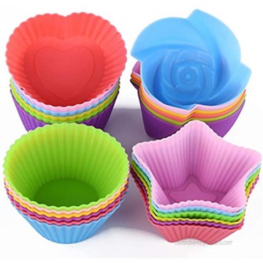 Mirenlife Reusable and Non-stick Silicone Baking Cups Muffin Cup Molds in Storage Container-24 Pack-6 Vibrant Colors-4 ShapesFlower,Star,Heart,Round