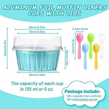 Suclain 200 Pieces 5 OZ Aluminum Foil Baking Cups with Lids and Spoons Include100Pcs MuffinLinersCupsReusableFoil Cupcake Ramekins 100 Pieces Colorful Plastic Sporks for Birthday Wedding Party