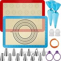 [2 Pack] Aiyola Silicone Baking Mat Set,Non Stick Macaron Baking Mats Pastry Mat with Measurement,12 Pack Piping Tip,2-Pack Reusable Piping Bag 1 Snap Band Included for DIY 16.5x11.6