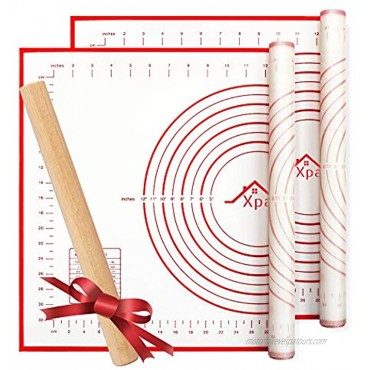【2 Pack】Silicone Pastry Mat with 【1 Pack】Rolling Pin Xpatee Silicone Baking Mat with Measurements for Rolling Dough Extra Large Non-slip Rolling Mat,Fondant Mat,Pizza Mat and Cookie Mat 16 x 24