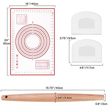 Baking Mat for Rolling Out Dough DIGIROOT Thickening Food Grade Silicone Pastry Mat with Wooden Rolling Pin & Dough Scrapers Measurement Fondant Mat Dough Rolling Mat Pie Mat16x24x0.6mmTHK