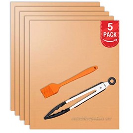 Copper Oven Liners Set of 5 Non-Stick Oven Mats with Free Tong and Basting Brush Food Safety Oven Accessories Use for Electric Gas Microwave and Toaster Ovens
