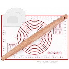 Mixoo Silicone Baking Mat with Wooden Rolling Pin Set Non-Stick Food Safe Dough Rolling Pastry Mat with a French Rolling Pin and 2 Dough Scrapers for Baking Fondant Pie Crust Pizza Bread Cookie