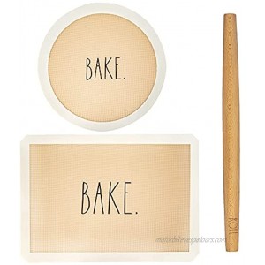 Rae Dunn Everyday Collection 3 Piece Baking Set Silicone Pastry Baking Mats for Counter Pie Crust Mat Beechwood Rolling Pin White