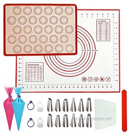 Teqifu Silicone Baking Mats Set Non Stick Food Grade Macaron Baking Mat Pastry Mat with Measurement for Rolling Dough Cookies Bread 12-Pack Piping Tip & 2-Pack Reusable Piping Bag Included