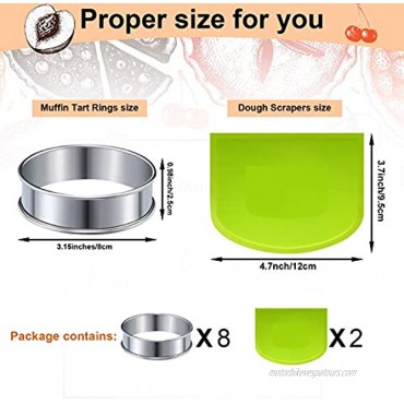 8 Pieces 3.15 Inch Double Rolled Tart Rings Stainless Steel Muffin Rings and 2 Pieces Dough Scrapers Bowl Scrapers for Home Cooking Baking Tools