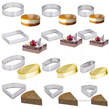 DOYOLLA 12pcs Perforated Stainless Steel Tart Ring Cake Mousse Ring Heat-Resistant Muffin Rings for DIY Home Cake & Pastry 4 Shape Round + Oval + Square + Fan