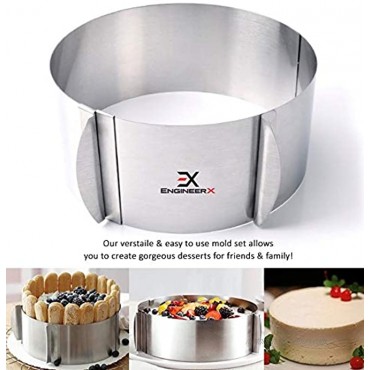 EngineerX 4-Piece Cake Molds for Baking Pastries Bread Mousse or Dough Stainless Steel Adjustable Cake Ring and 3 Square Borders Decorating and Design Reusable