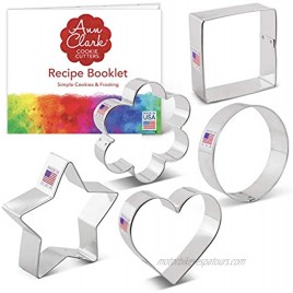 Ann Clark Cookie Cutters 5-Piece Basic Cookie Cutter Set with Recipe Booklet Star Heart Circle Square and Flower