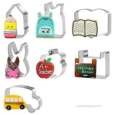 Back to School Cookie Cutters Set 7Pcs Teacher Appreciation Cookie Cutter Stainless Steel First Day of School Icing Cookie Molds Pencil Scissors Apple School Bus Backpack Black Board Shapes