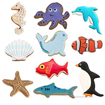 Ocean Cookie Cutters Set 10 Piece Seashell Starfish Seahorse Seal Dolphin Octopus Penguin Shark Clownfish,Sea Creatures Biscuit Cutter Molds for Kids Birthday Party Supplies Favors
