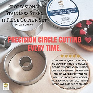 Ultra Cuisine 11 Piece Round Cookie Biscuit Cutter Set Graduated Circle Pastry Cutters for Donuts & Scones Heavy Duty Commercial Quality 100% Stainless Steel Ring Baking Molds w 3 Cookie Stencils