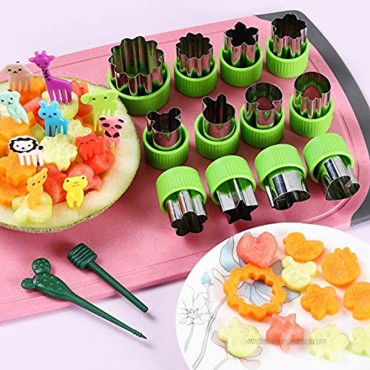 Vegetable Cutters Shapes Set 12pcs Stainless Steel Mini Cookie Cutters Vegetable Cutter and Fruit Stamps Mold + 20pcs Cute Cartoon Animals Food Picks and Forks -for Kids Baking and Food Supplement