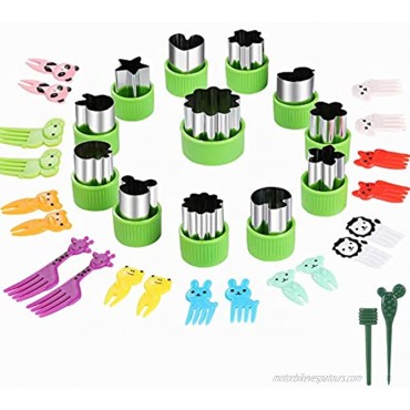 Vegetable Cutters Shapes Set 12pcs Stainless Steel Mini Cookie Cutters Vegetable Cutter and Fruit Stamps Mold + 20pcs Cute Cartoon Animals Food Picks and Forks -for Kids Baking and Food Supplement