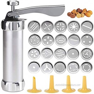 Cookie Press Gun Kit-Includes 20 Cookie dies and 4 Stainless Steel nozzle for DIY Biscuit Maker and Decoration Christmas Cookie Making Silver