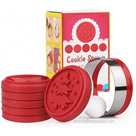 FANGSUN Christmas Cookie Stamps Sets 6 Silicone Stamps 1 Stainless Steel Round Cookie Cutter 1 Plastic Cookie Press Red